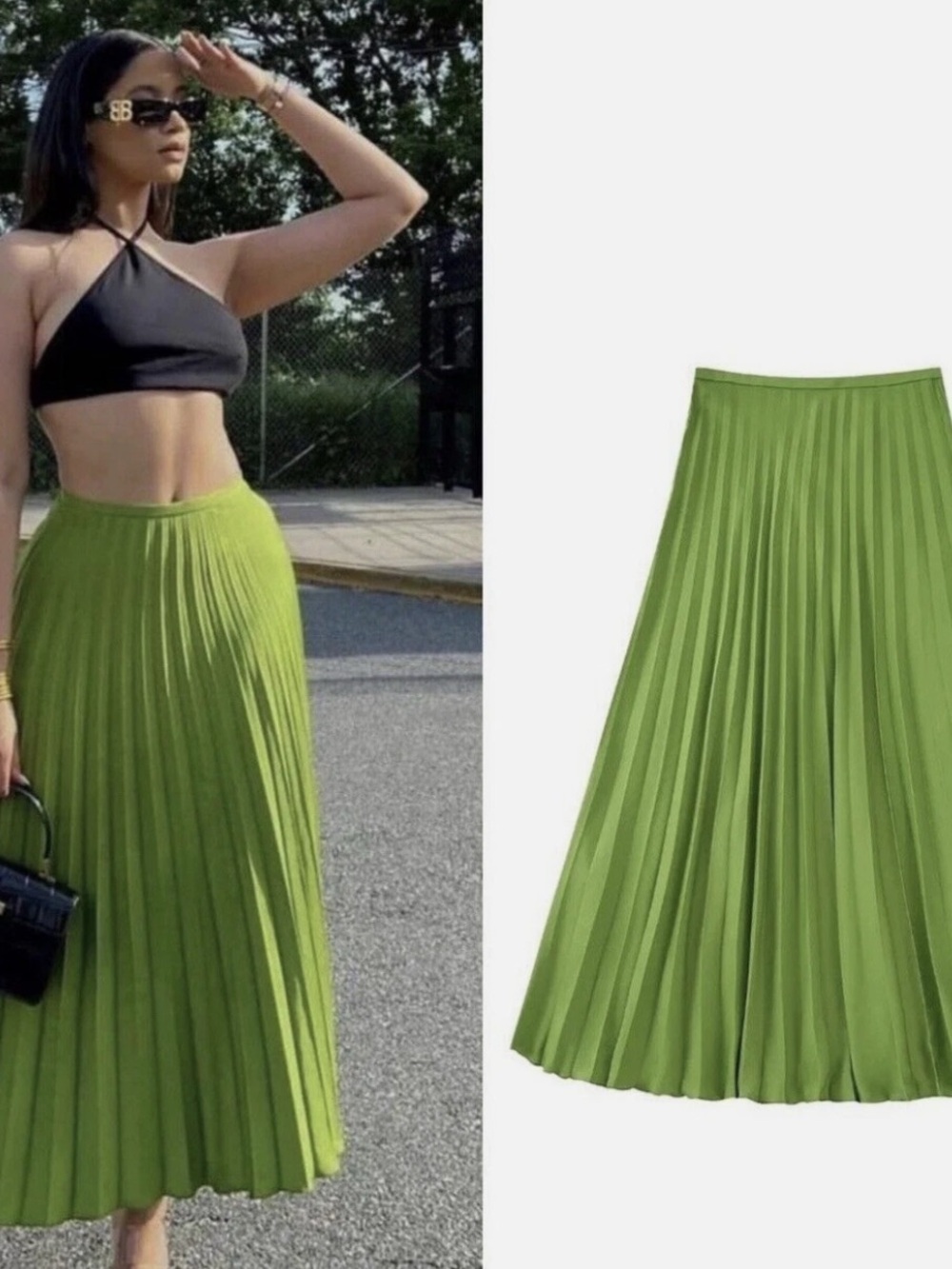 Zara Woman Lime-Green Pleated Midi Skirt SIZE XS NWT
